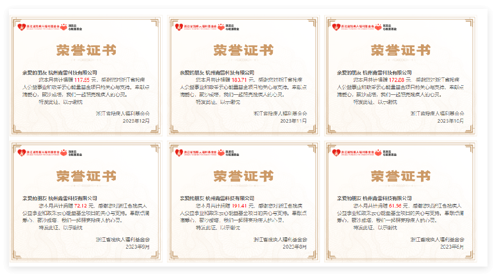 残疾人福利基金会捐款证书