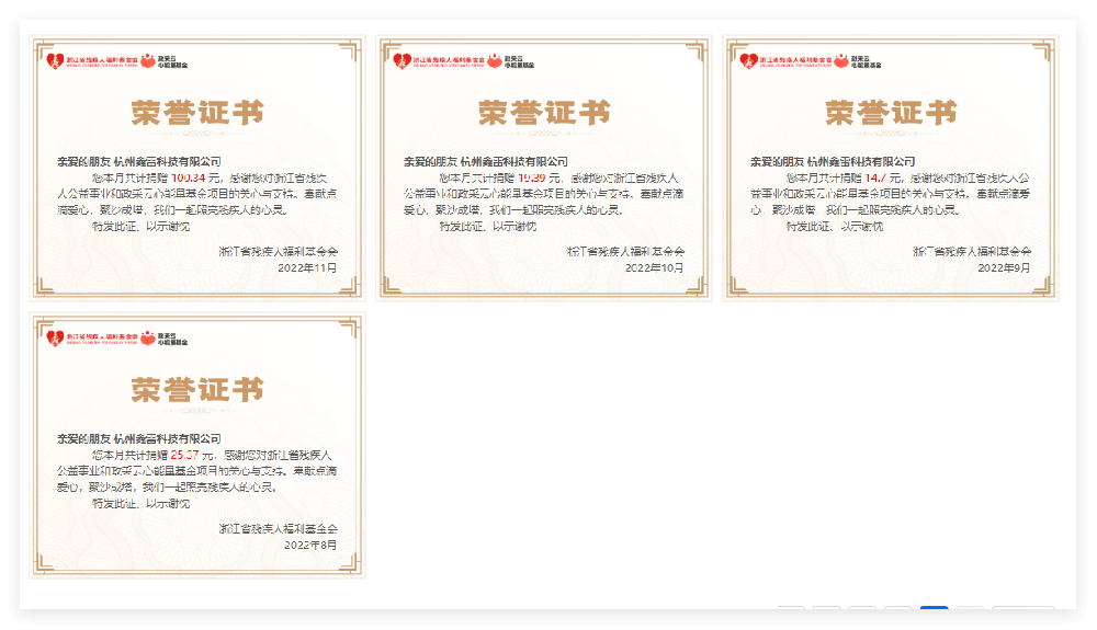 残疾人福利基金会捐款证书